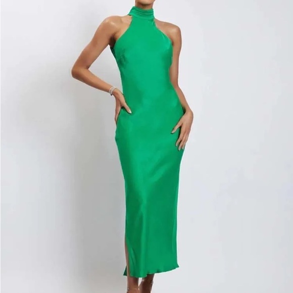 Meshki Dresses & Skirts - Meshki Claire Green Satin Drape Back Maxi Dress with Split